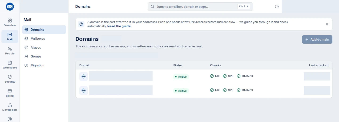 Actual Oneemail domain management with MX, SPF, and DMARC status checks. Customer domains and account details are hidden.